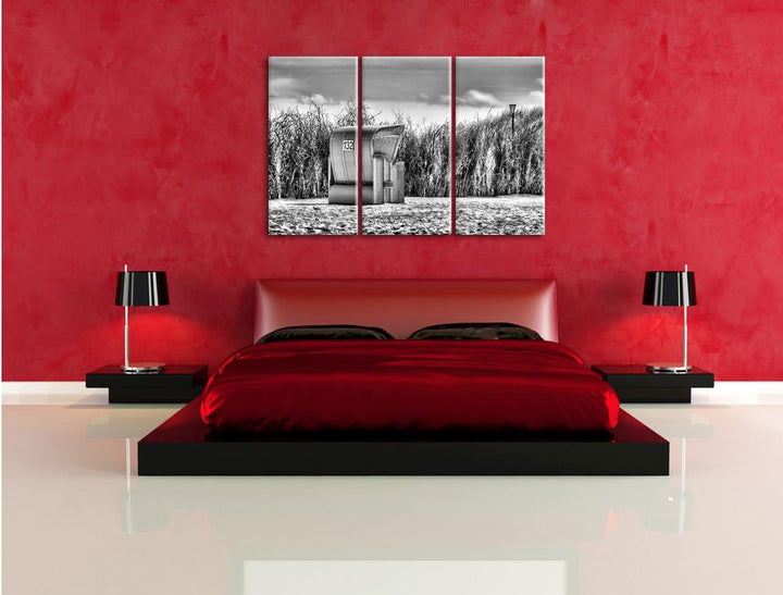 Pixxprint gelber Strandkorb als Leinwandbild/Grösse: 3 Teilig (120x80) cm/Wandbild/Kunstdruck/fertig