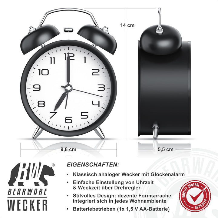 CSL - Wecker analog ohne Ticken mit Licht - LED Beleuchtung - rund - Retro Design - Glockenalarm - s