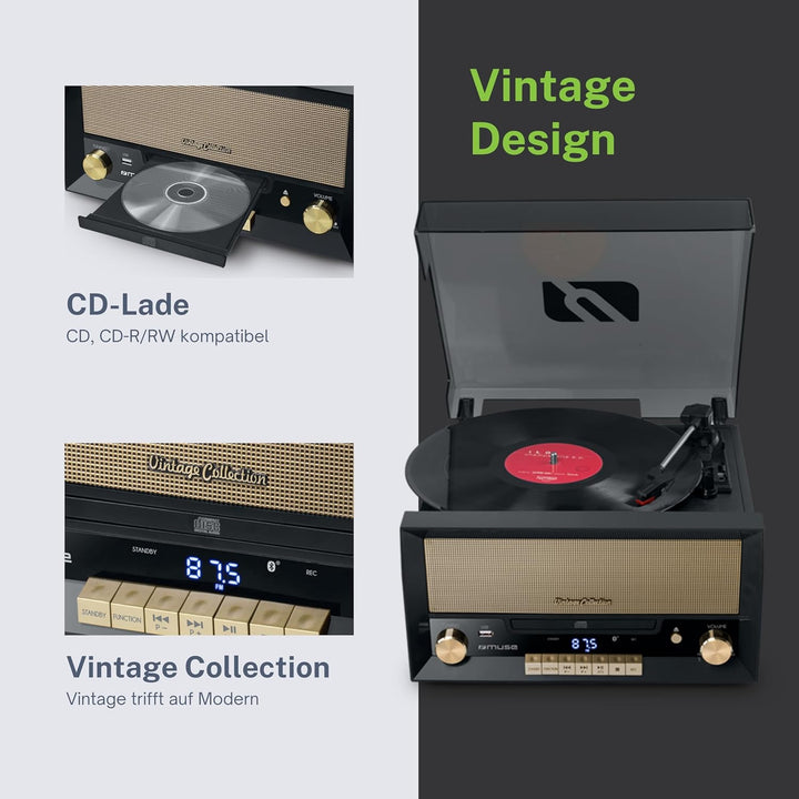 Muse MT-110 B Retro Plattenspieler mit USB, AUX-In, CD, Bluetooth schwarz