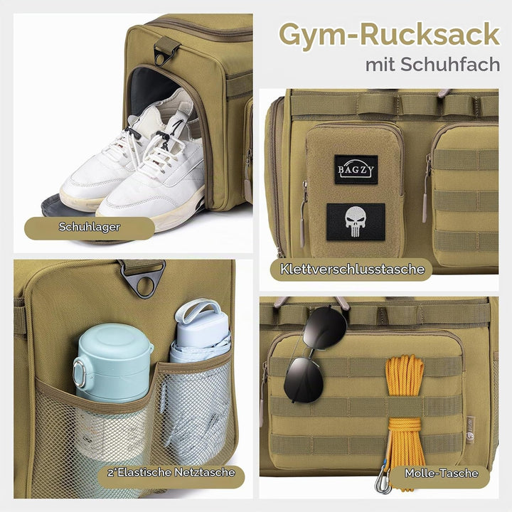 BAGZY Taktischer Reisetasche Sporttasche Herren mit Schuhfach Gym Tasche Rucksack 40L Trainingstasch