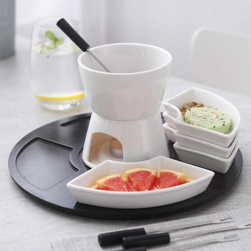 Keramik Schokofondue Set, 300ML Schokoladenfondue mit 4 Keramiktellern und 4 Gabeln, für Käse Fondue