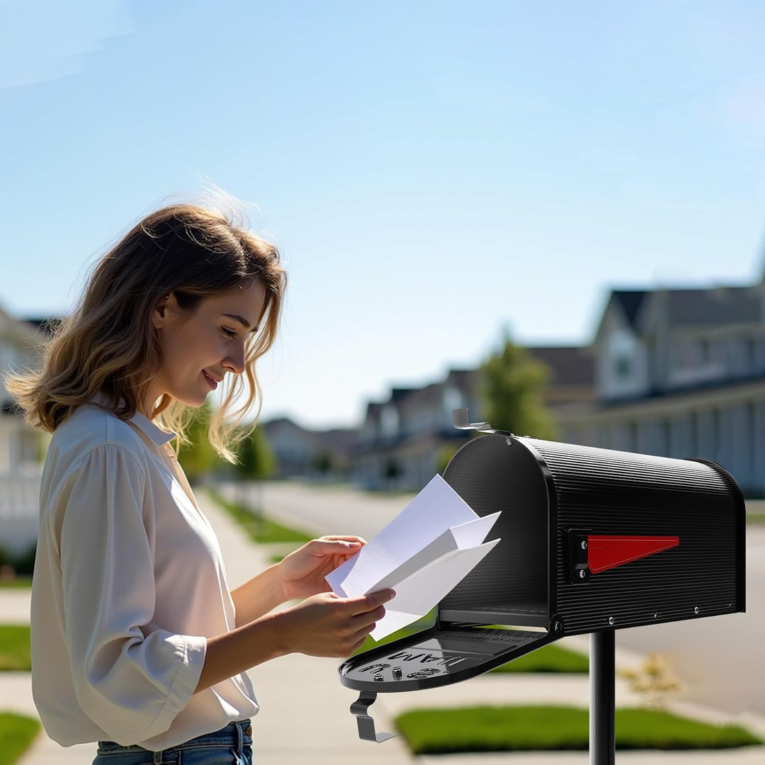 Wiltec US Mailbox schwarz 150 x 513 x 223 mm, amerikanischer Briefkasten mit Fahne, Wandbriefkasten