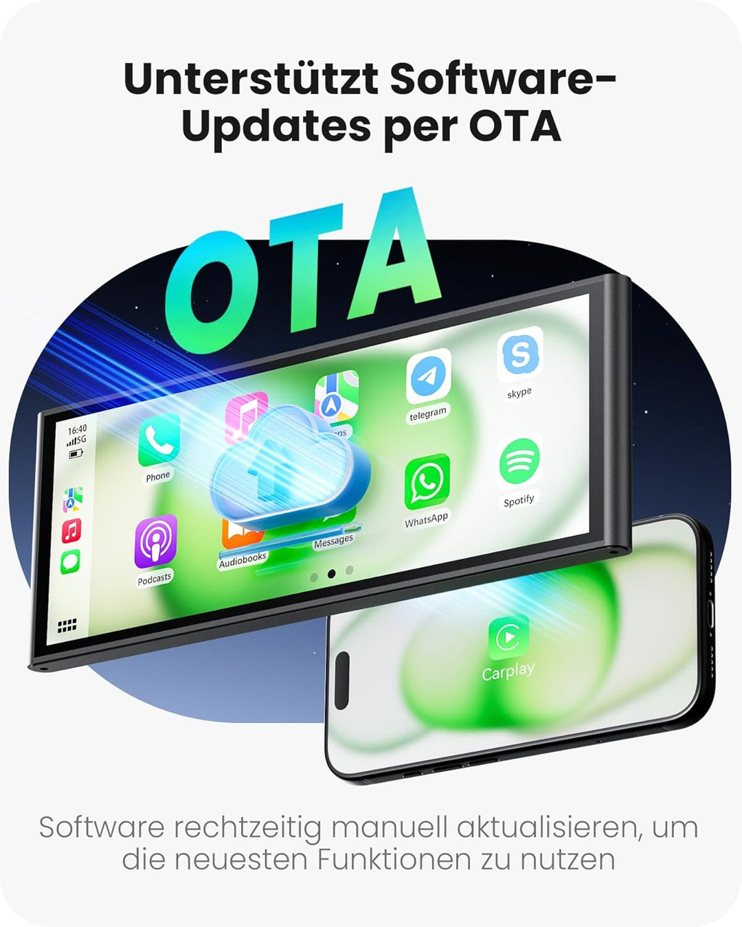 9,26" Wireless Car Play Display für Apple CarPlay & Android Auto – Tragbares Auto-Display mit Rückfa