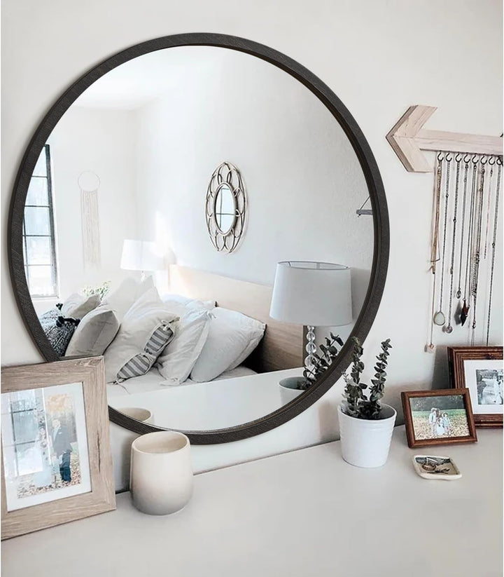 JJUUYOU Spiegel mit Holzrahmen, kreisförmig, Wandmontage, für Badezimmer, Schlafzimmer, Wohnzimmer,