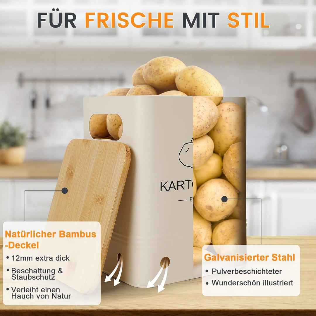 Kartoffel Aufbewahrungsbox, Aufbewahrung Kartoffeln Zwiebeln Knoblauch - 3er Set mit Bambusdeckel -