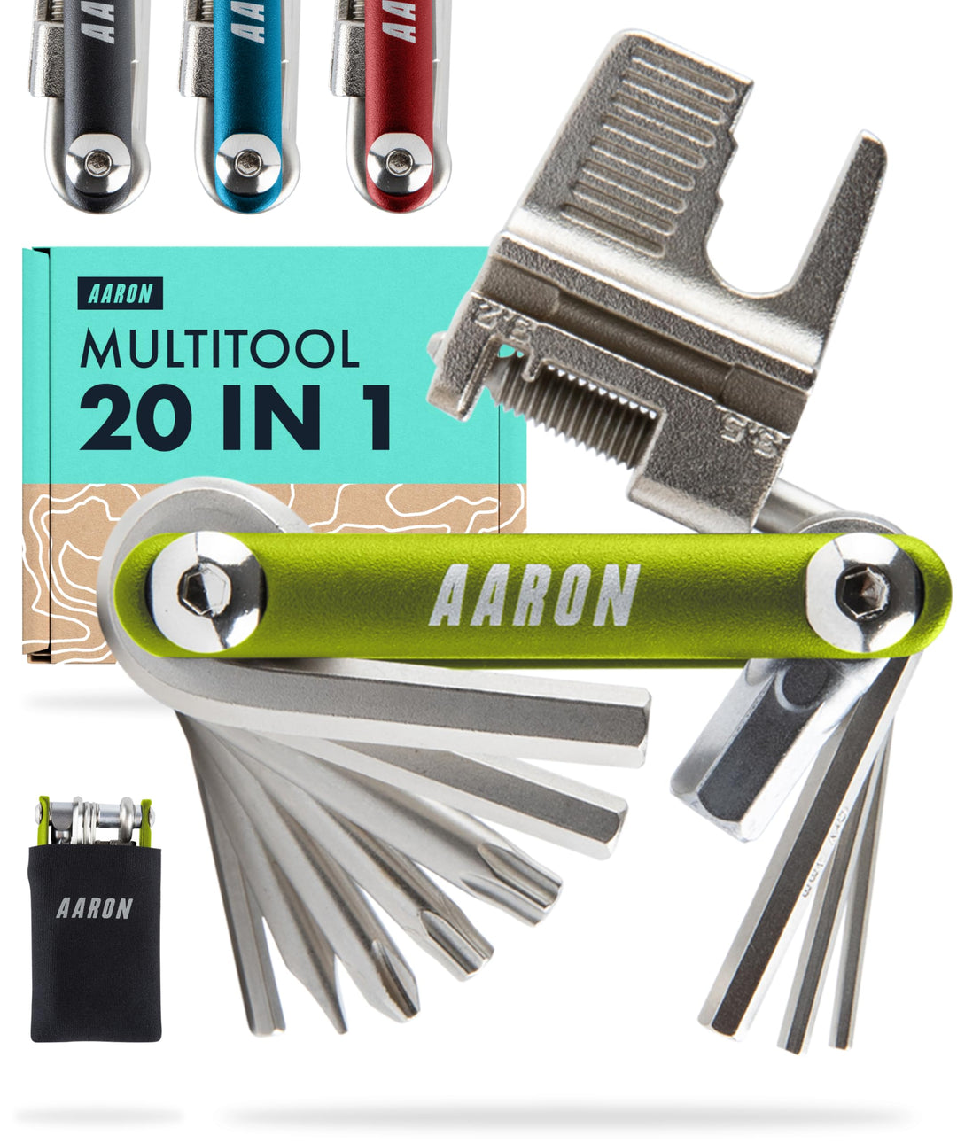 AARON Tool 20 in 1 Multitool - Fahrrad Multifunktionswerkzeug aus rostfreiem Stahl/Aluminium - faltb
