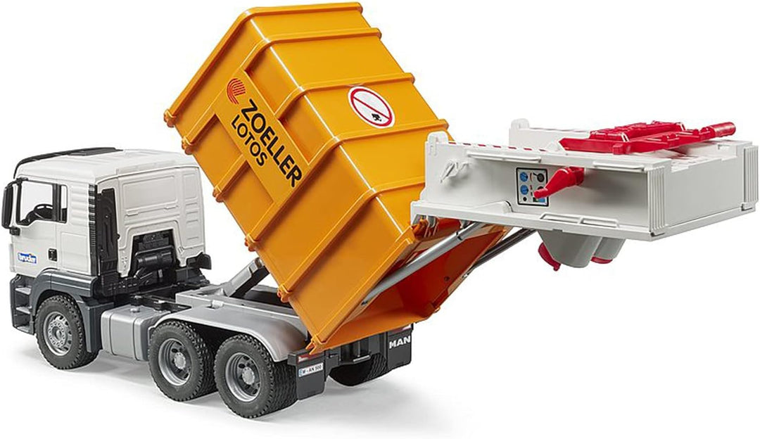 bruder 03762 - Man TGS Hecklader Müll-LKW & 2 Mülltonnen - 1:16 Abfalltonnen Müllabfuhr Müllauto Mül