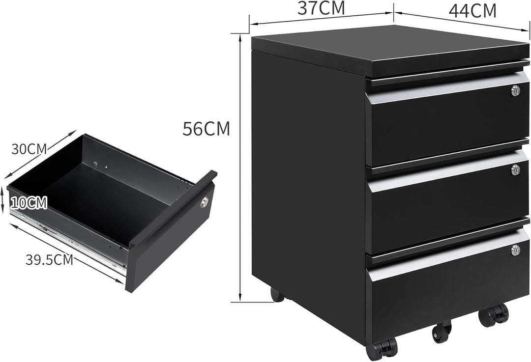 LVSTEEL Rollcontainer mit 3 Schubladen, Aktenschrank, Büroschrank aus Metall, Aktenschrank unter Sch