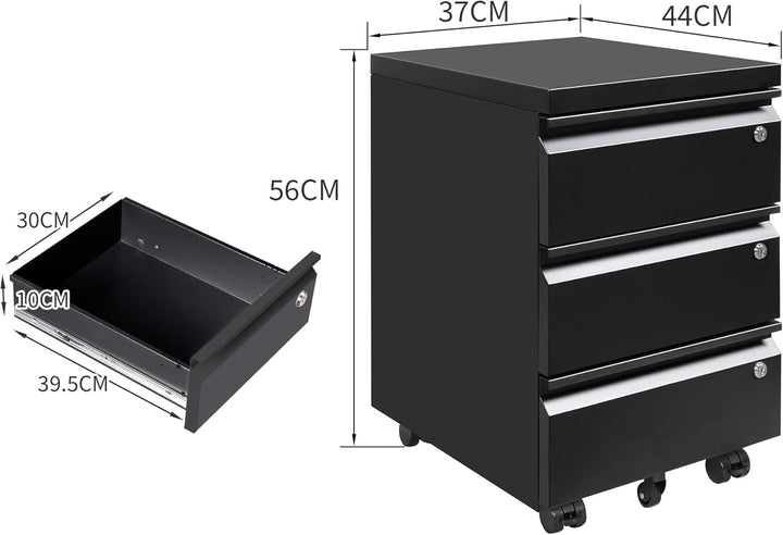 LVSTEEL Rollcontainer mit 3 Schubladen, Aktenschrank, Büroschrank aus Metall, Aktenschrank unter Sch
