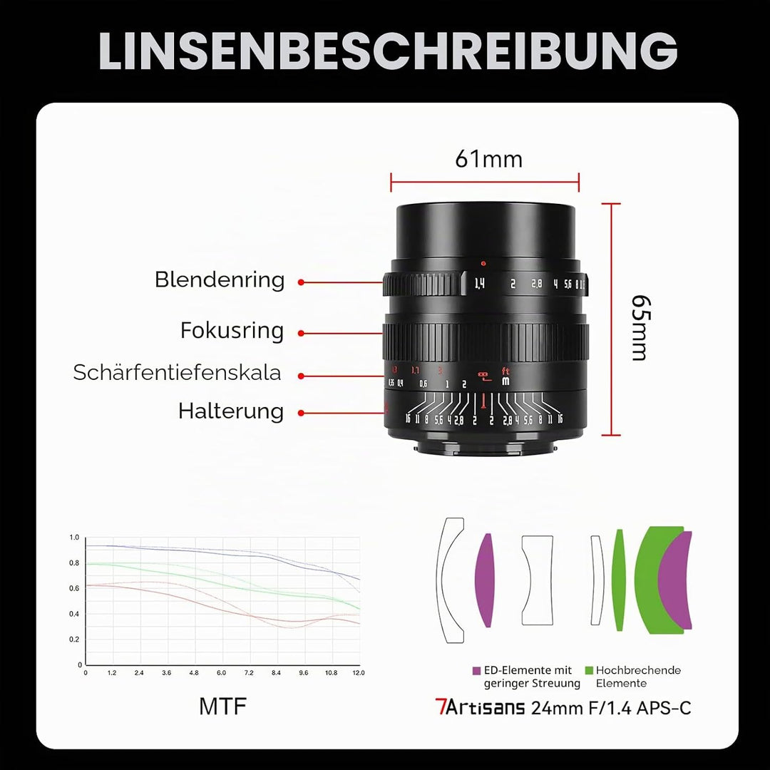 7artisans 24mm F1.4 APS-C Manual Prime Objektiv Grosse Blende für Fujifilm FX-Mount Spiegellose Kame
