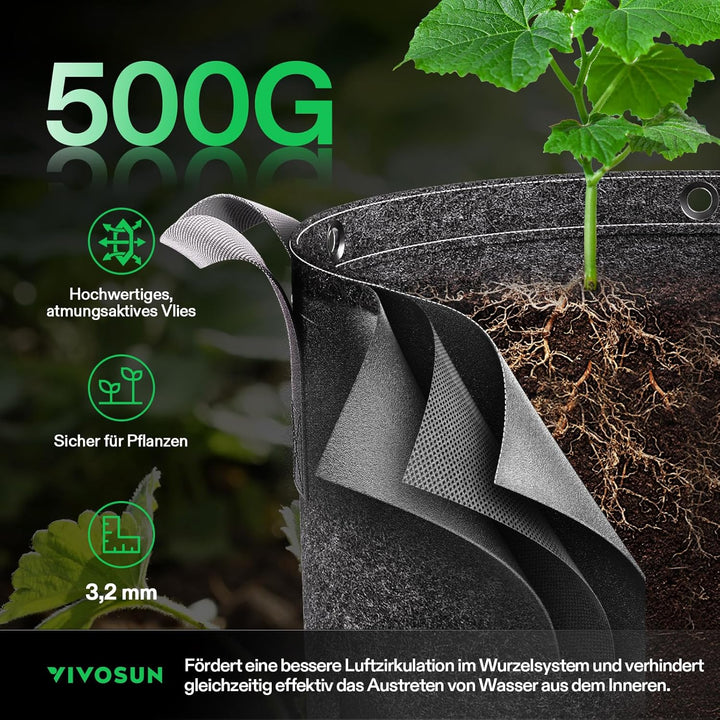 VIVOSUN Pflanzsack 5er-Pack 60L, Pflanzsack aus Vliesstoff mit 500g/m² Stärke, mit Tragegriffen und