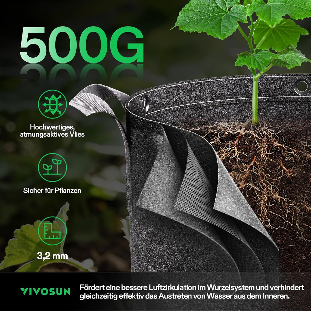 VIVOSUN Pflanzsack 5er-Pack 40L, Stofftopf aus Vliesstoff mit 500g/m² Stärke, mit Tragegriffen und M
