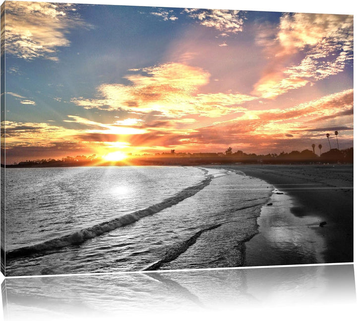Strand bei romantischem Sonnenuntergang schwarz/weiss Format: 100x70 auf Leinwand, XXL riesige Bilde