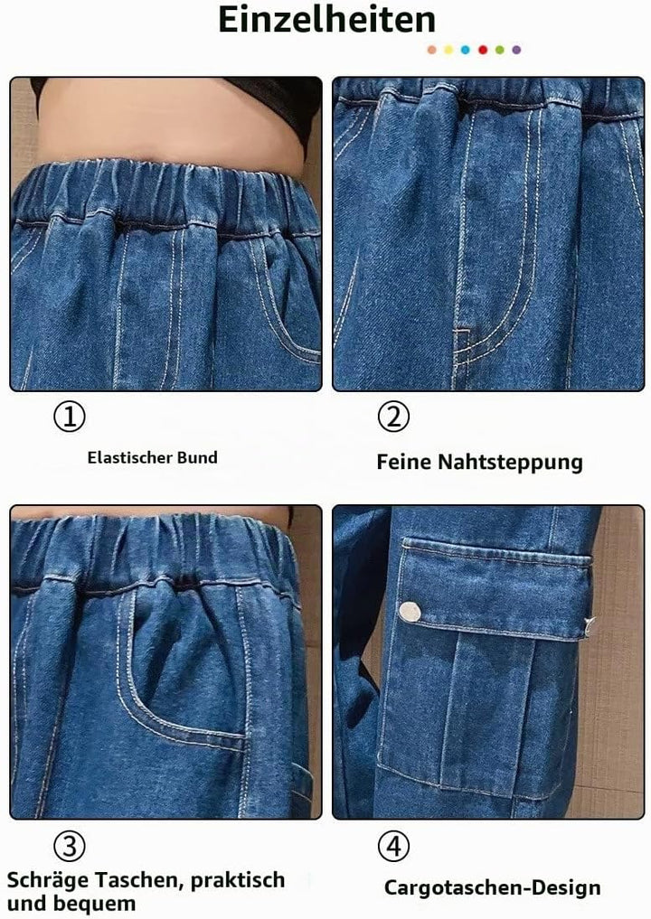 Rolanko Mädchen Jean Hosen Loch Denim Blau Jeans, Vintage Hose mit weitem Bein für Kinder Fit 6-7 Ja