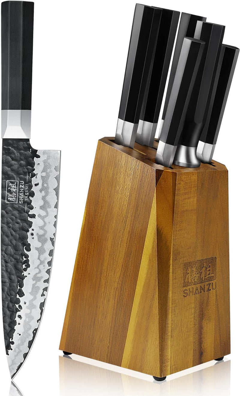 SHAN ZU Japanisches Messerset 7 teilig, Kochmesser Küchenmesser Set mit Block, 7 Schichten 9Cr18MoV-