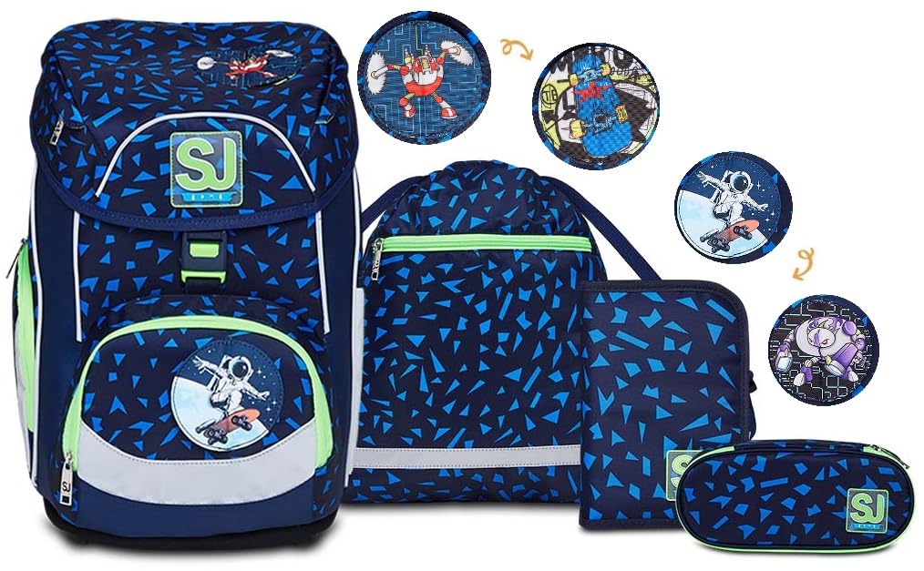 SJ Set 4-teilig Ergonomischer Schulranzen + Gefülltes Mäppchen mit Stiften, Gummi, usw. + Mäppchen m