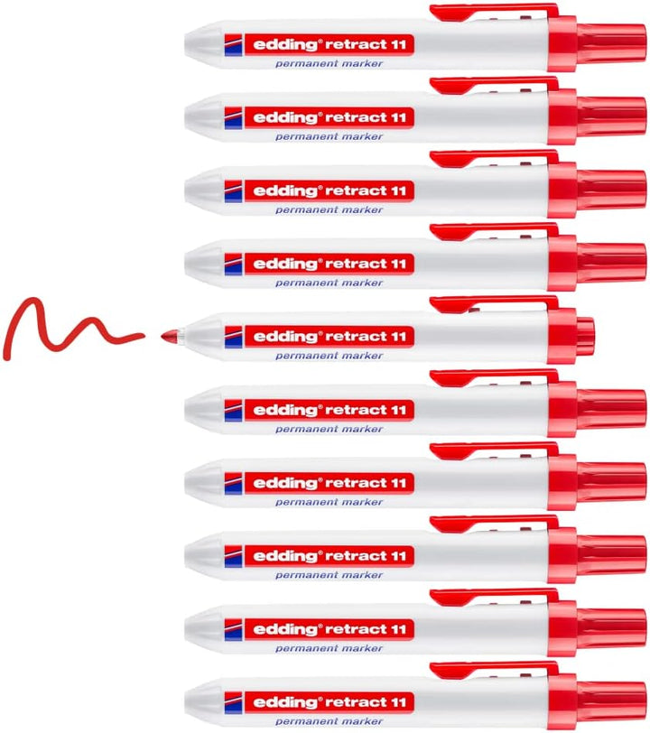 edding retract 11 Permanentmarker - rot - 10 Stifte - Rundspitze 1,5-3 mm - wasserfest, schnell-troc