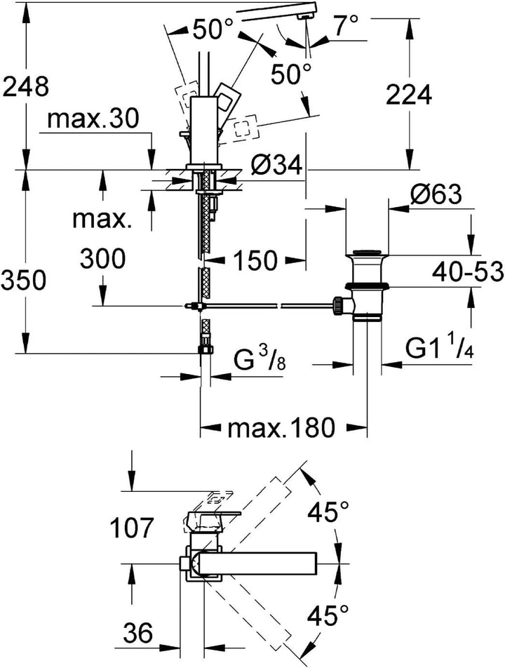 GROHE Eurocube - Einhand-Waschtischarmatur (DN15, L-Size, Einlochmontage), chrom, 23135000 L glatter