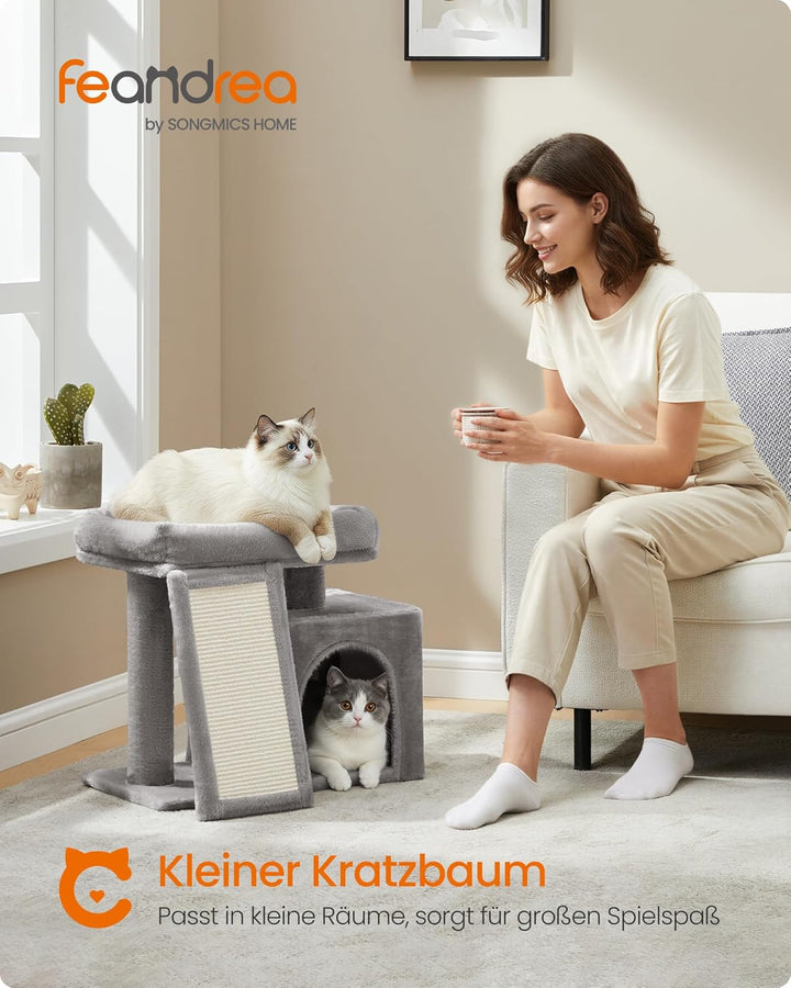 Feandrea Kratzbaum klein, Katzenbaum mit Kratzrampe und grosser Plattform, Katzenkratzbaum mit Höhle