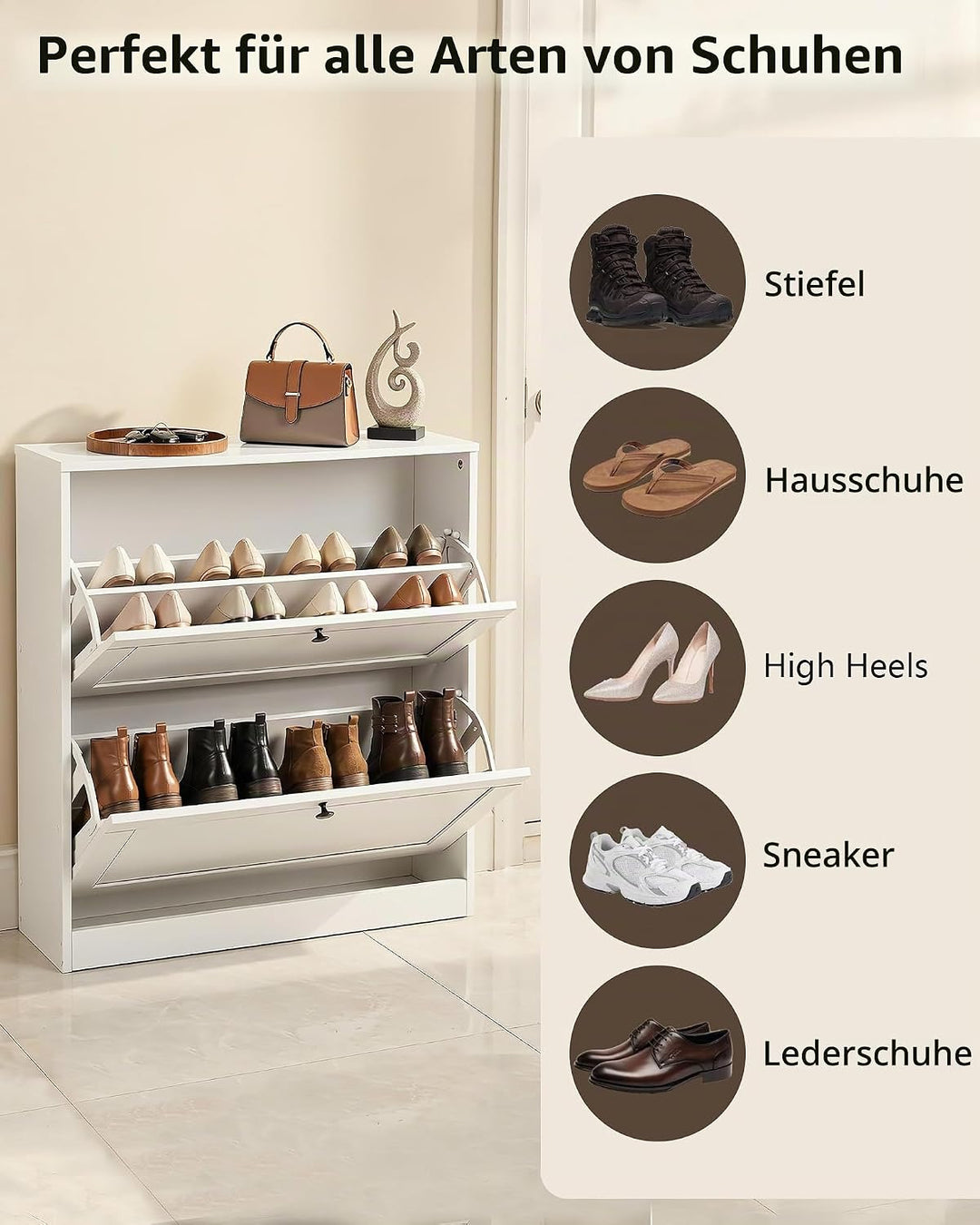 hitsuki Schuhschrank Weiss Schuhkipper Klein mit 2 Klappen, Schuhschrank Schmal mit Trennwände Verst