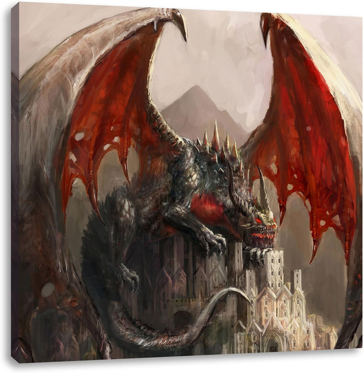 Pixxprint Dragon Castle, Format: 70x70 auf Leinwand, XXL riesige Bilder fertig gerahmt mit Keilrahme