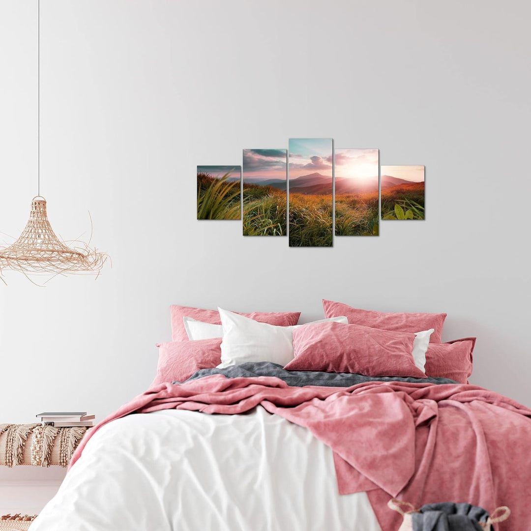 Runa Art Wandbilder Sonnenaufgang Landschaft 5 Teilig Bild auf Vlies Leinwand Deko Schlafzimmer Wohn