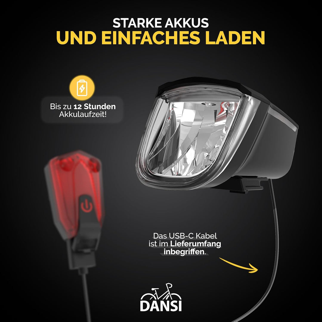 DANSI Fahrradleuchten-Set StVZO I LED-Fahrradlicht I Rad-Licht hell vorne 60/30/15 Lux, Akku-Leuchte