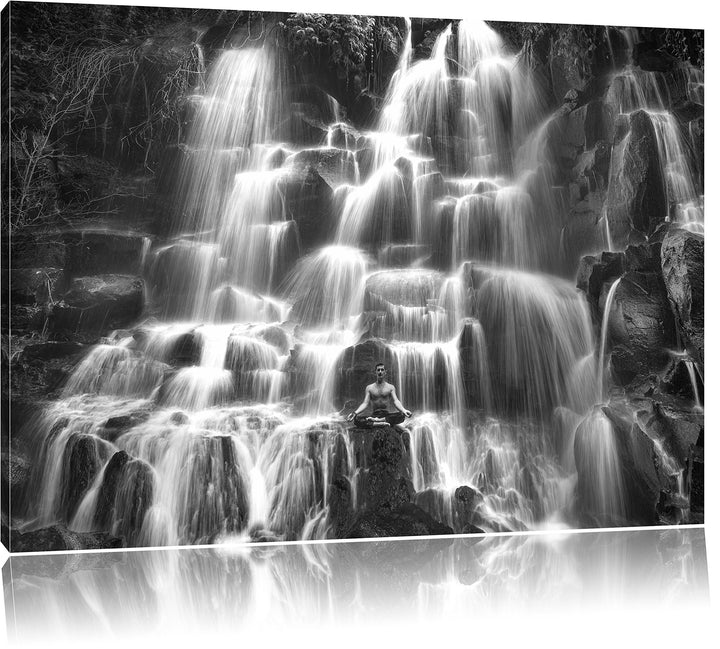 Pixxprint Yoga am Wasserfall in Bali als Leinwandbild/Grösse: 100x70 / Wandbild/Kunstdruck/fertig be