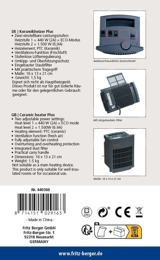 BERGER warm Heizlüfter mit 2 Leistungsstufen max. 1500 W│ Keramik Heizlüfter Camping Heizlüfter ener