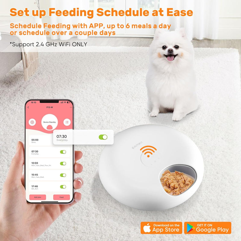 GAMKII Automatischer WiFi Katzenfutterspender für Nassfutter, 6 Mahlzeiten Katzenfutterspender mit 2