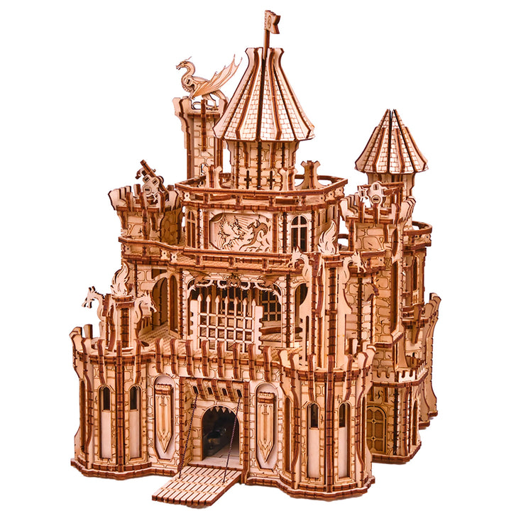 Wood Trick Dragon Castle Moveable Wooden 3D Puzzles for Adults and Kids to Build - Red LED - Greensl