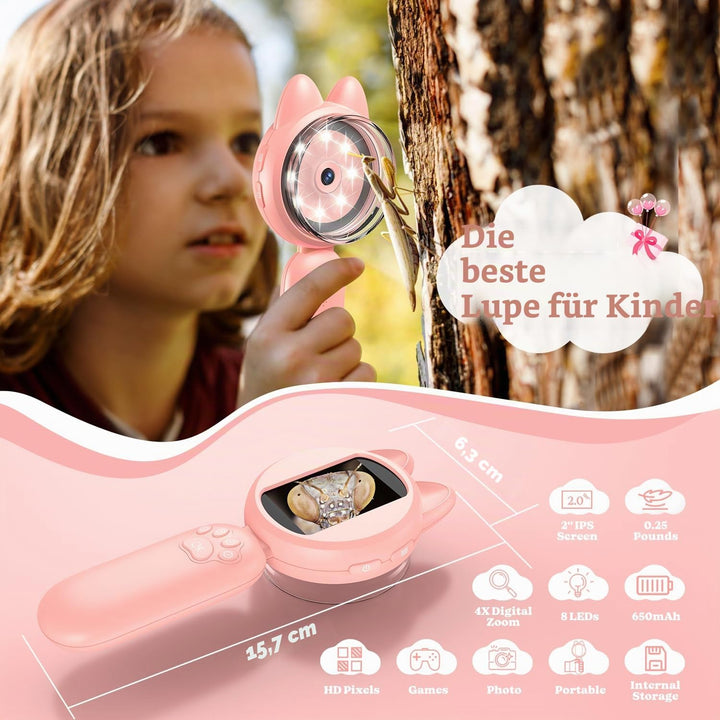 Lupe für Kinder, Handheld Kindermikroskop mit 2,0 IPS Bildschirm, 8 LEDs, USB to PC - Mikroskop für