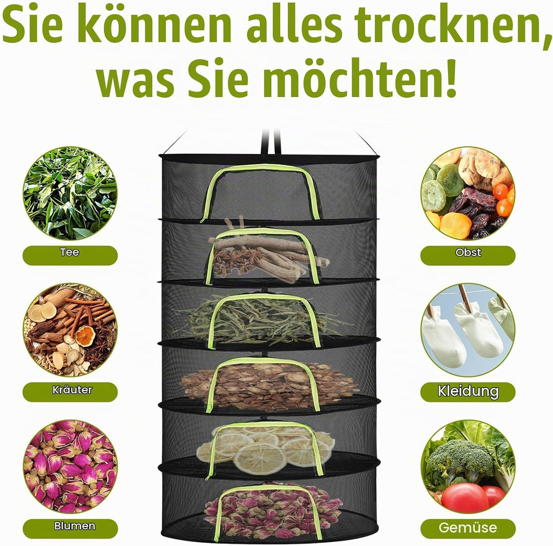 6 Lagiges Trockennetz Kräuter, 150 cm Kräutertrockner Hängend, Trocknungsnetz mit S Haken und Reissv