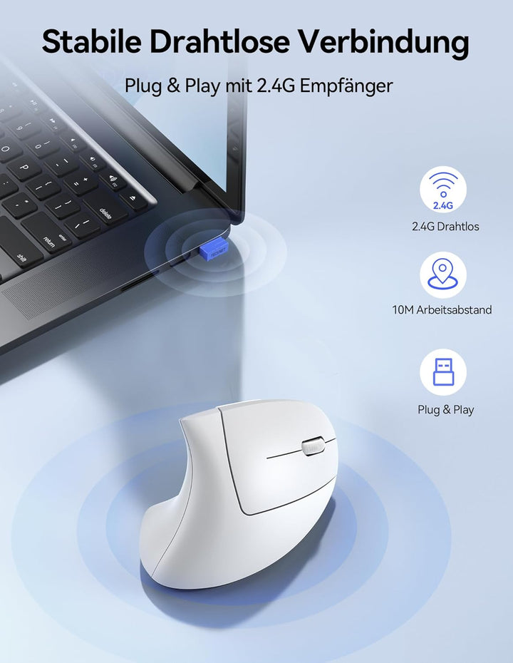 TECKNET Wiederaufladbar Ergonomische Maus Kabellos, 2.4G Optische Vertikale Maus Ergonomisch, 5 Eins