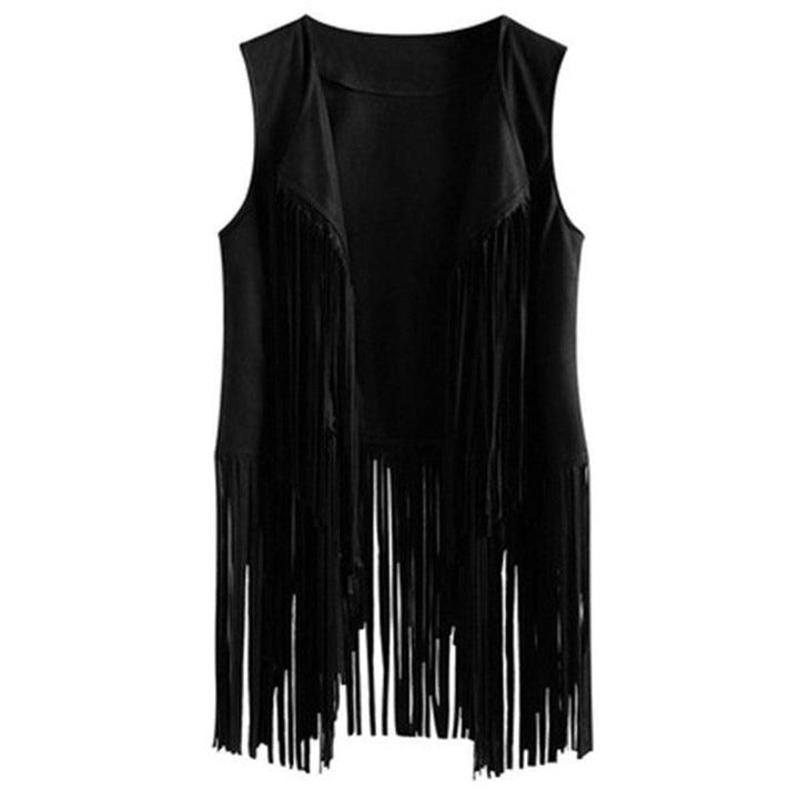 Damen Hippie-Weste ärmellose Jacke Fransen Wildlederimitat Vintage Quasten Cardigan, M Schwarz