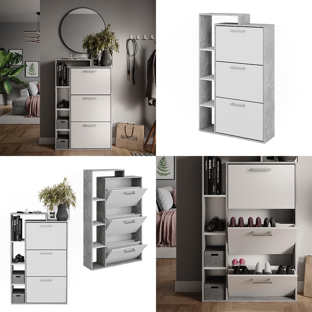 Vicco Schuhkommode Orlando, Schuhregal, Beton, 80 x 128.3 cm mit 3 Fächern Weiss/Beton, Weiss/Beton