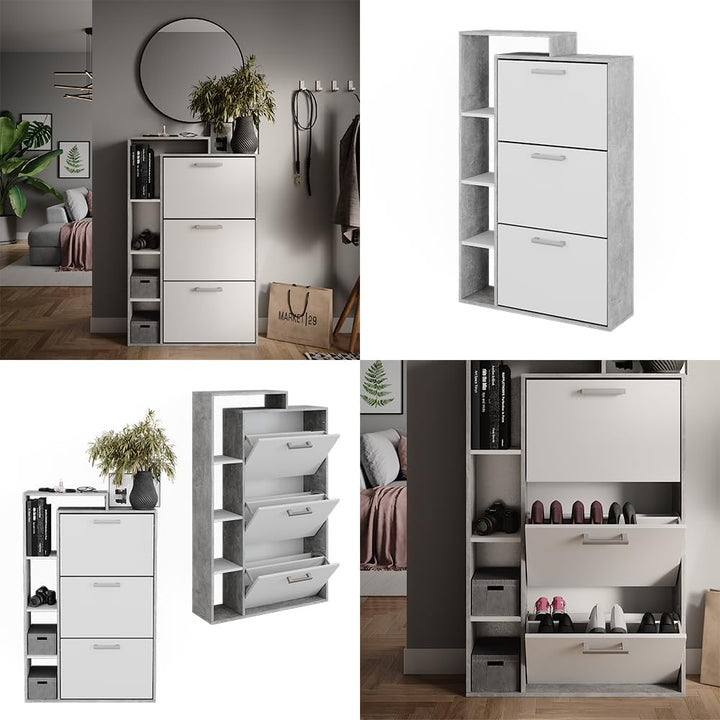 Vicco Schuhkommode Orlando, Schuhregal, Beton, 80 x 128.3 cm mit 3 Fächern Weiss/Beton, Weiss/Beton