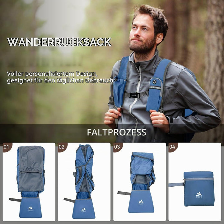 15L Wanderrucksack Kleiner Damen Herren Leichter Faltbarer Daypack Tagesrucksack Trekkingrucksack Du