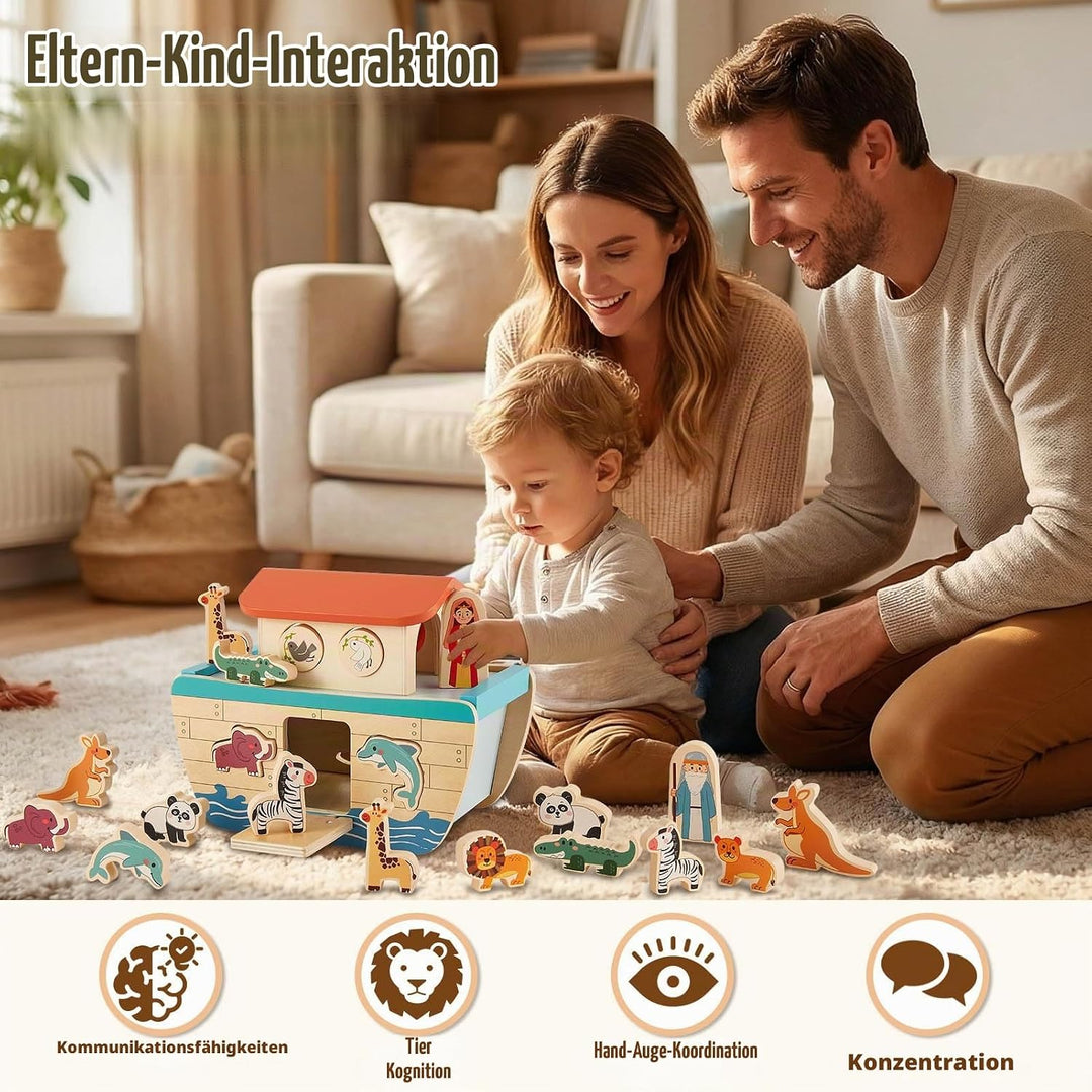 HERSITY Arche Noah aus Holz, Holzspielzeug Kinder Taufgeschenke für Mädchen Jungen 12 Monate, Holz S