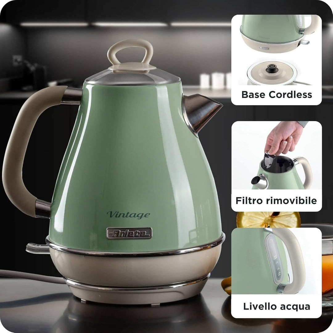 Ariete Vintage Wasserkocher 2869, Retro Elektrischer Wasserkocher mit Sichtbarem Wasserstand, Kabell