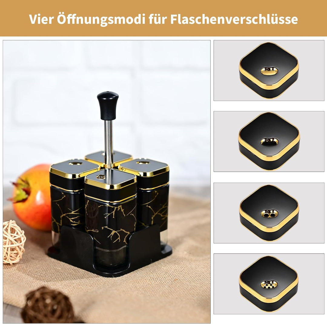 Miorkly Gewürzgläser Eckig - 4er Set mit Sockel,120ML Gewürzstreuer Set mit Schwarz Drehdeckel,Hochw