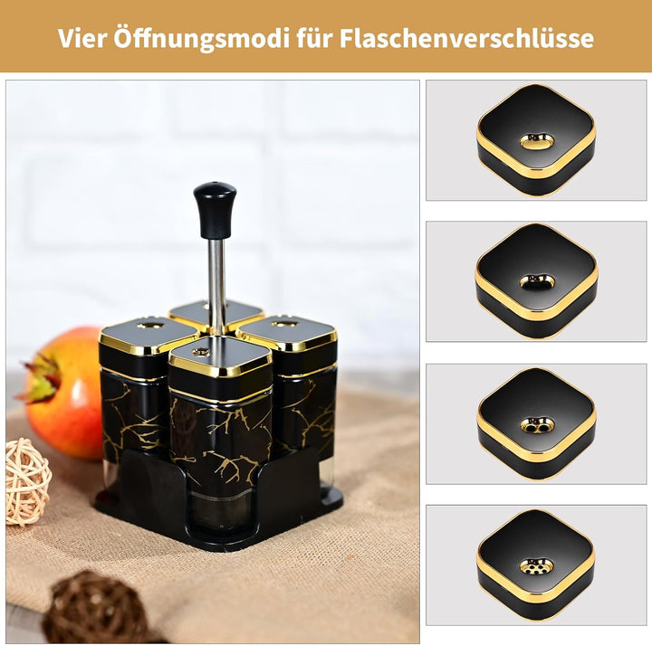 Miorkly Gewürzgläser Eckig - 4er Set mit Sockel,120ML Gewürzstreuer Set mit Schwarz Drehdeckel,Hochw