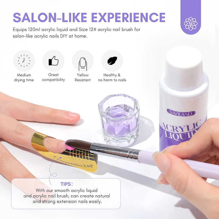 SAVILAND Acryl Liquid für Acrylic Nägel– 120ML Monomer for Acrylic Acrylpulver mit Acrylpinsel 12#,N