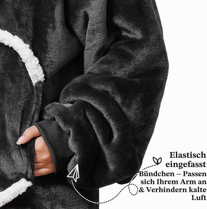 Decke mit Ärmeln und Kapuze, Kuscheldecke Hoodiedecken mit Reissverschluss und Taschen Schwarz, Schw