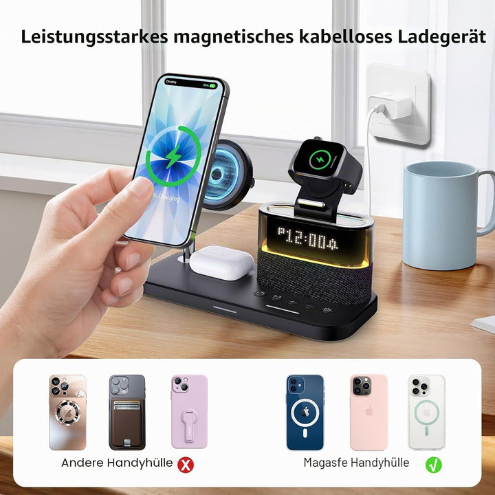 5-in-1-Kabellader mit Wecker, kabellose LadeStation mit Nachttischlampe kompatibel mit iPhone 17 16