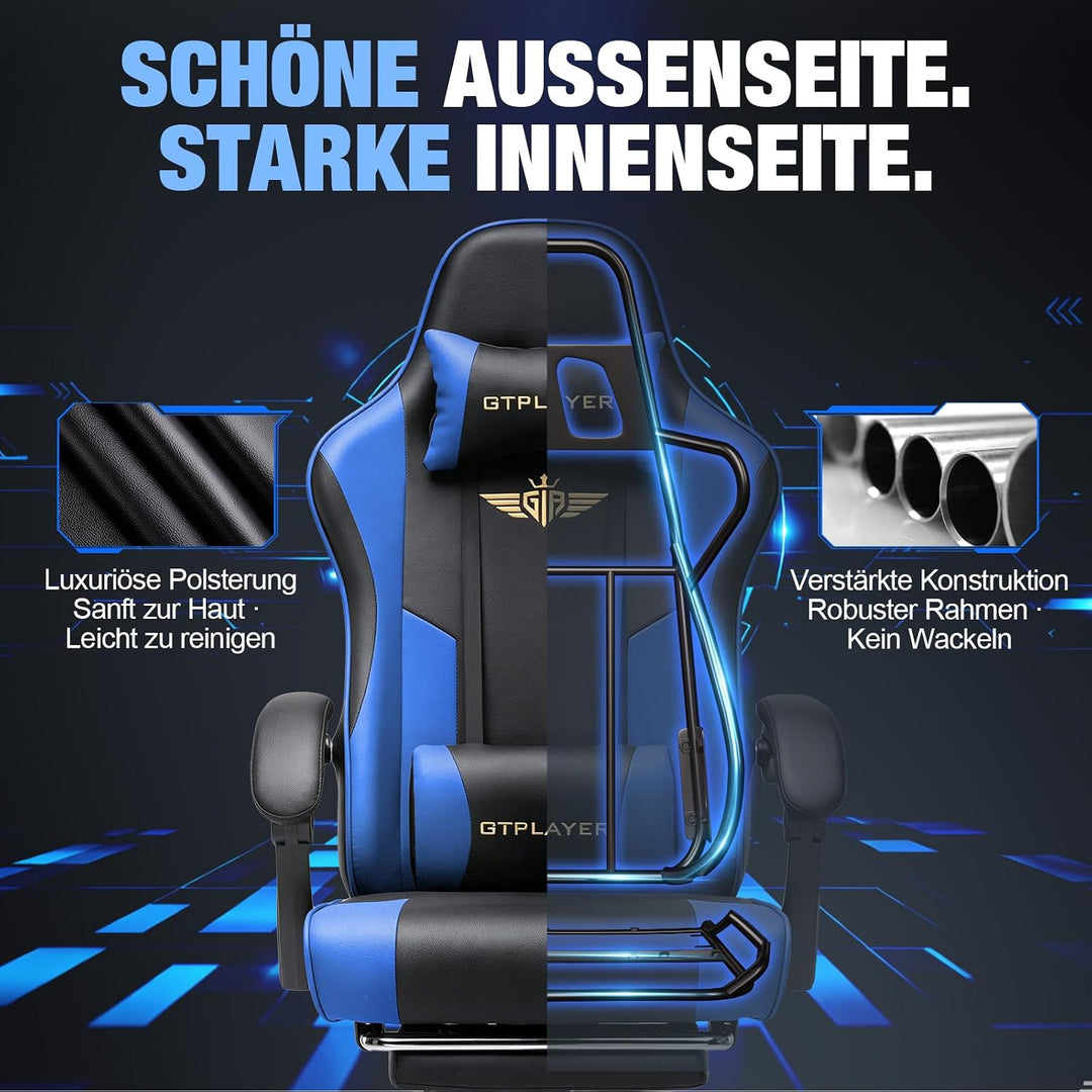 GTPLAYER Gaming Stuhl Chair Gamer Sessel - Ergonomischer Gamer Stuhl mit Fussstütze Kopfstütze und L