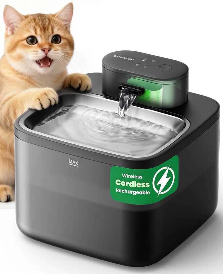 Oneisall 2.2L Kabelloser Katzenbrunnen Edelstahl mit Bewegungsmelder Katze | 4000mAh Akku 45 Tage La