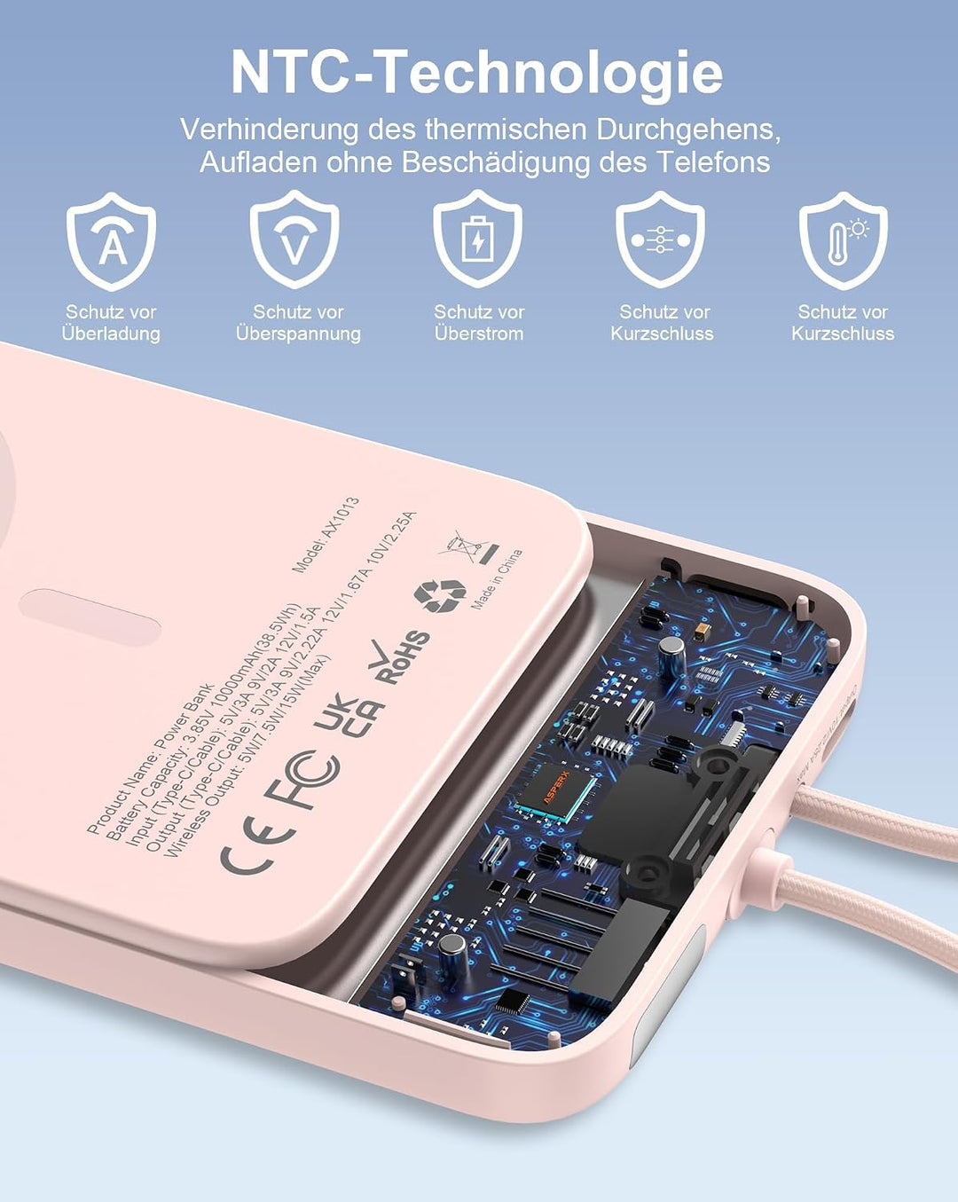 AsperX PD 22.5W 10000mAh Magnetische Powerbank für MagSafe | Mit USB-C Kabel,LED-Display,Portable Sl