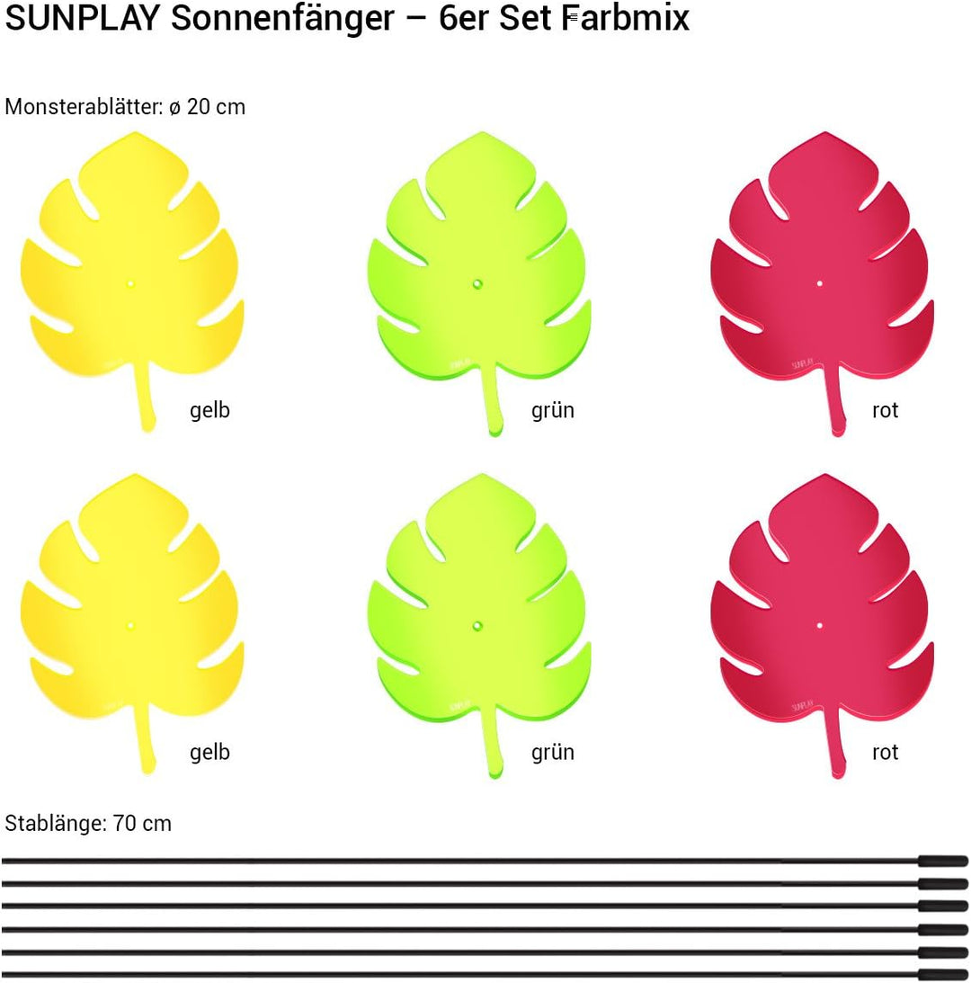 SUNPLAY Sonnenfänger - Monstera-Blatt - 6er Set - 2X Gelb 2X Grün 2X Rot - Ø 20 cm Durchmesser + Sch