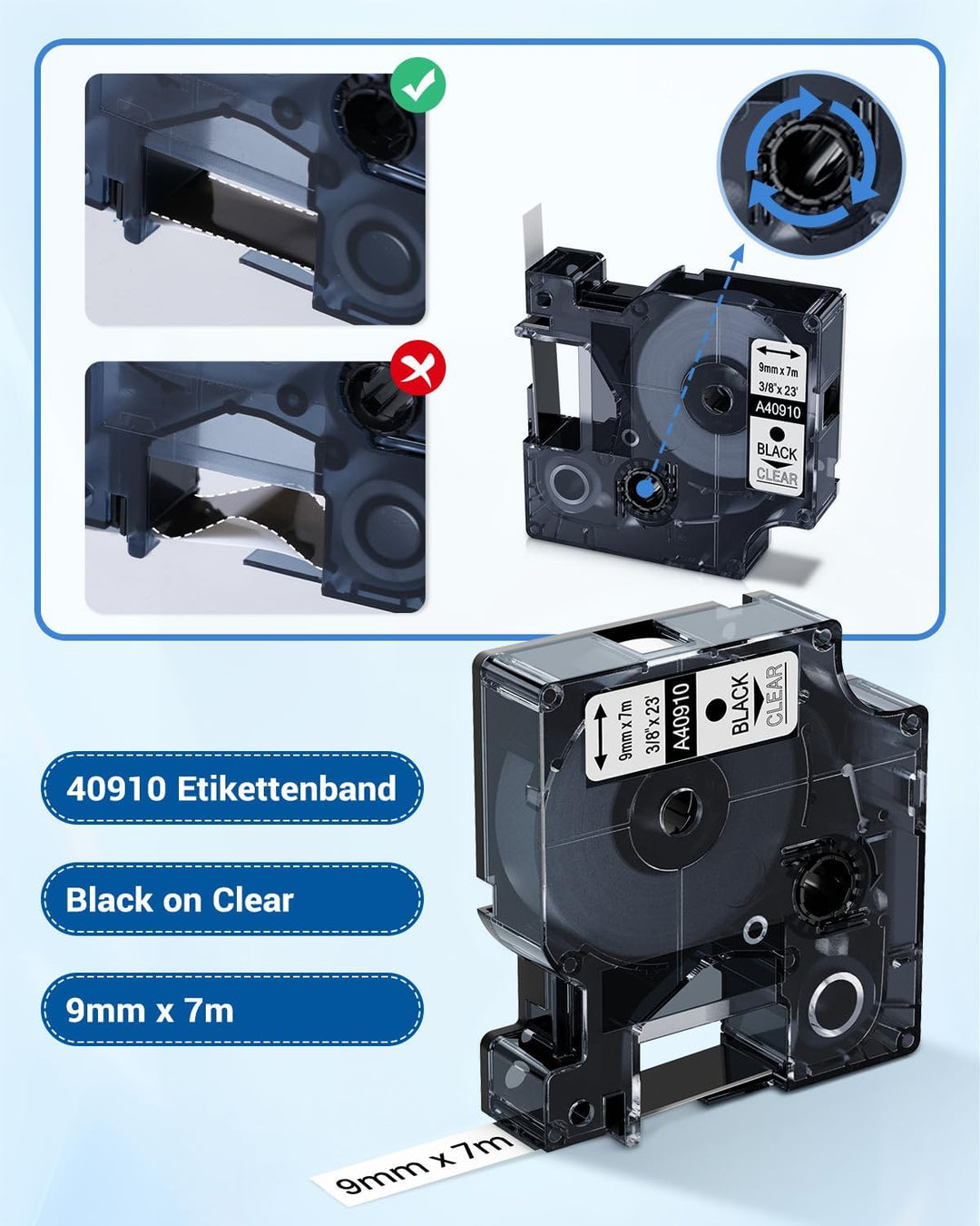 40910 Etikettenband Transparent 9mm x 7m, Schwarz auf Transparent, Kompatibel mit Dymo D1 Etiketteta